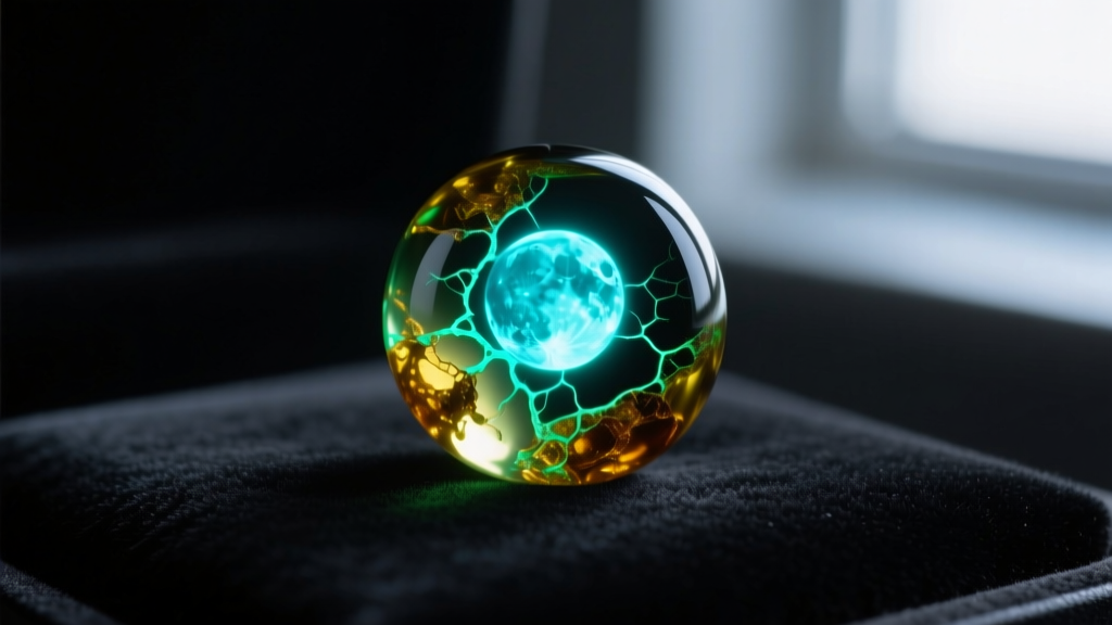 Macro shot of Baltic amber bead under UV blacklight, displaying bright fluorescent blue-green reaction against a dark background.
