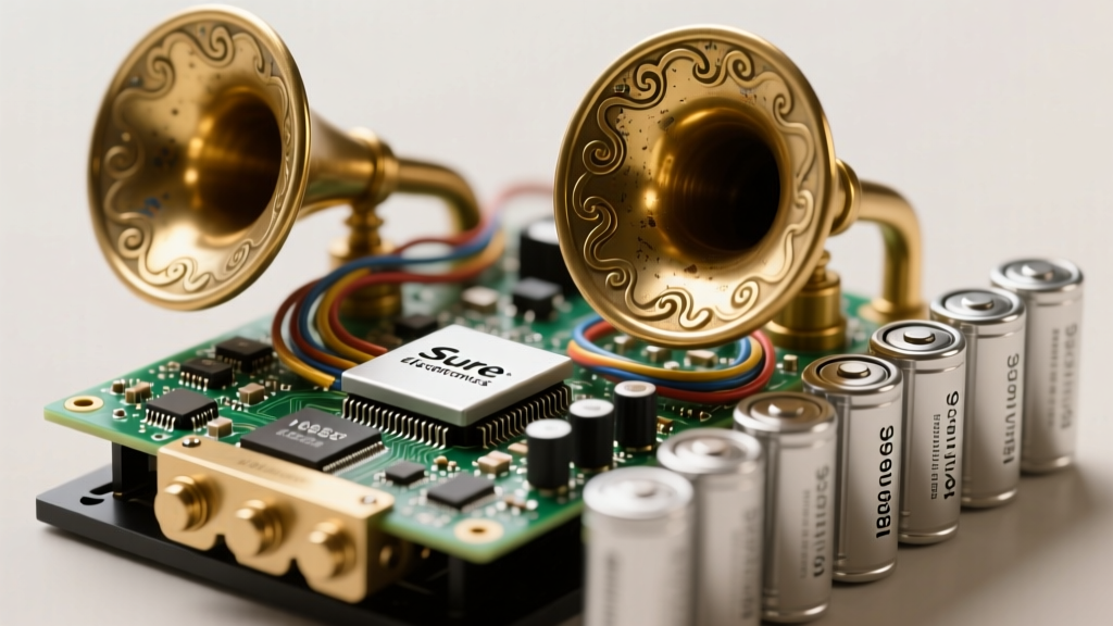 Close-up of a Sure Electronics DSP Bluetooth amplifier board wired to vintage brass audio horns and exposed 18650 lithium-ion battery cells