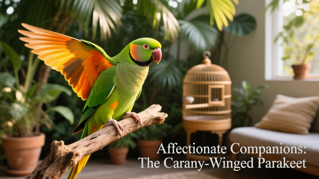 Canary-winged parakeet perched on a branch, looking alert and lively
