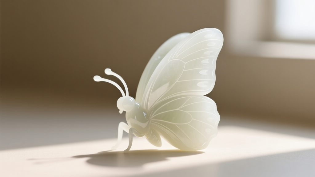 Side profile of a creamy white nephrite butterfly carving, showing smooth waxy luster and delicate antennae details.