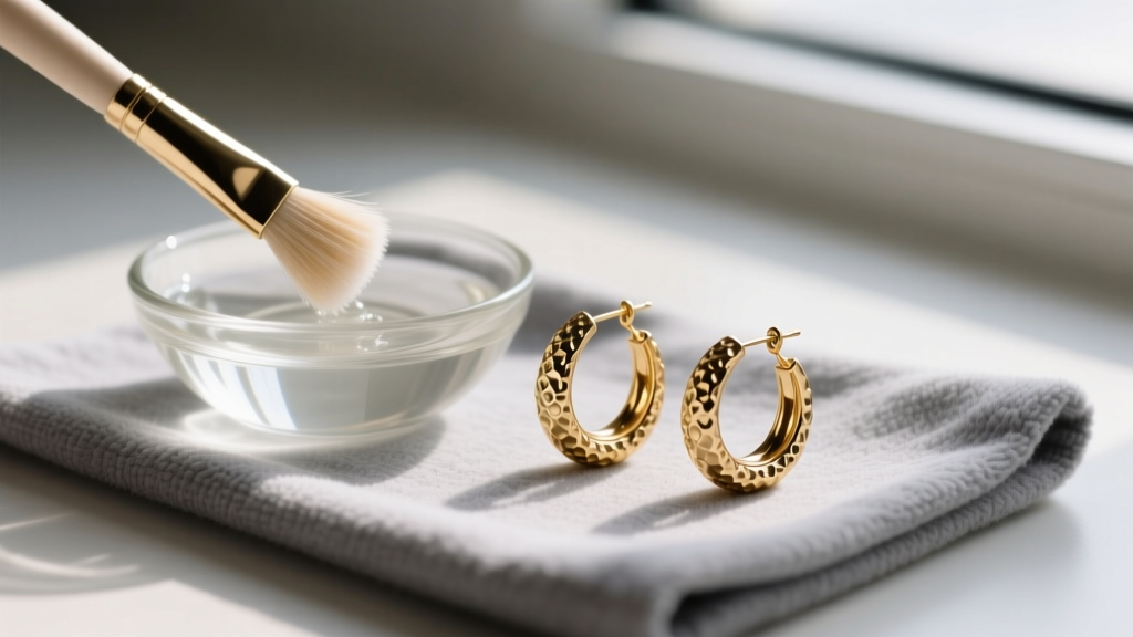 Close-up jewelry cleaning setup with a soft brush, soap bowl, and textured gold hoop earrings resting on a grey microfiber cloth.
