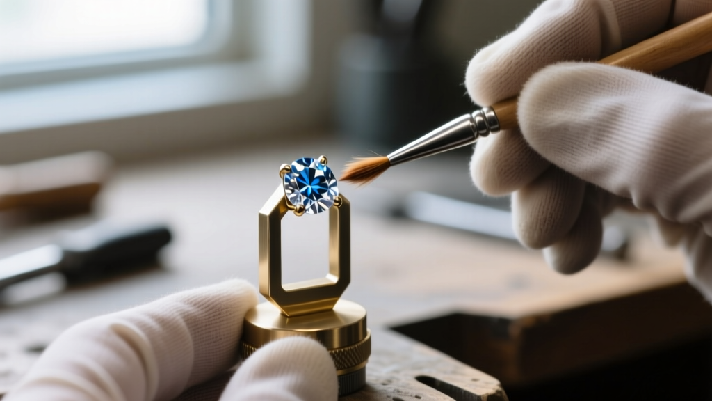 Close-up of a jeweler using a soft brush to clean the pavilion facets of a 0.25 ct diamond earring secured in a brass holding jig