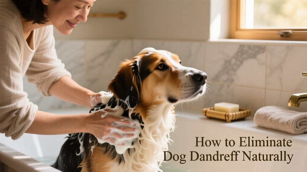 A person gently lathering a dog’s coat with an oatmeal-based shampoo during bath time, highlighting soft, nourishing application