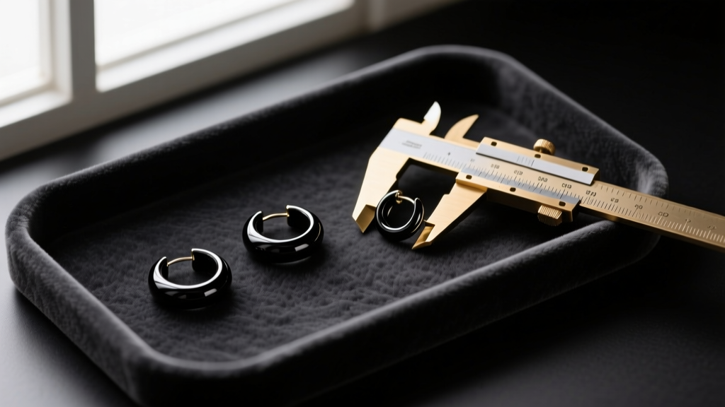 Flat lay of three black ring earrings of varying sizes, 10mm, 15mm, and 20mm, arranged on a dark velvet tray with a brass caliper.