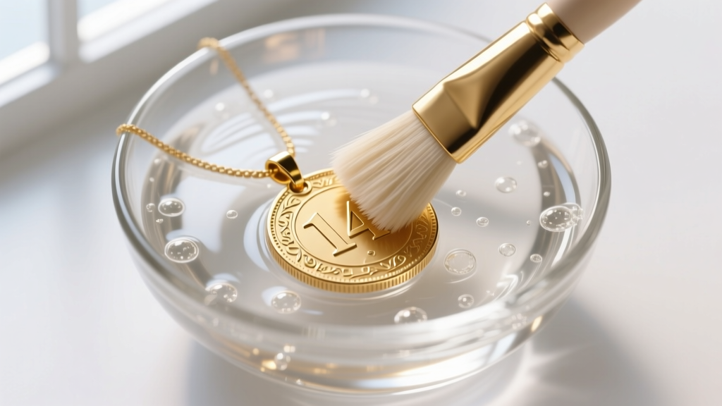 Overhead view of a soft brush gently scrubbing a 14k gold coin pendant submerged in a glass bowl of mild soapy water.