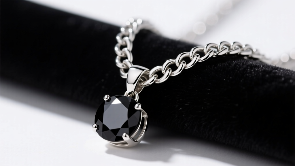 Macro photography of a heavy 4mm sterling silver curb chain with a black diamond bezel-set pendant resting on black velvet