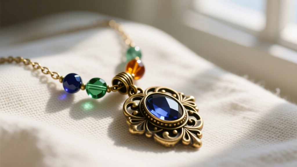 Close-up of a vintage-inspired mixed metal pendant necklace with antiqued brass detailing and glass beads on soft linen.