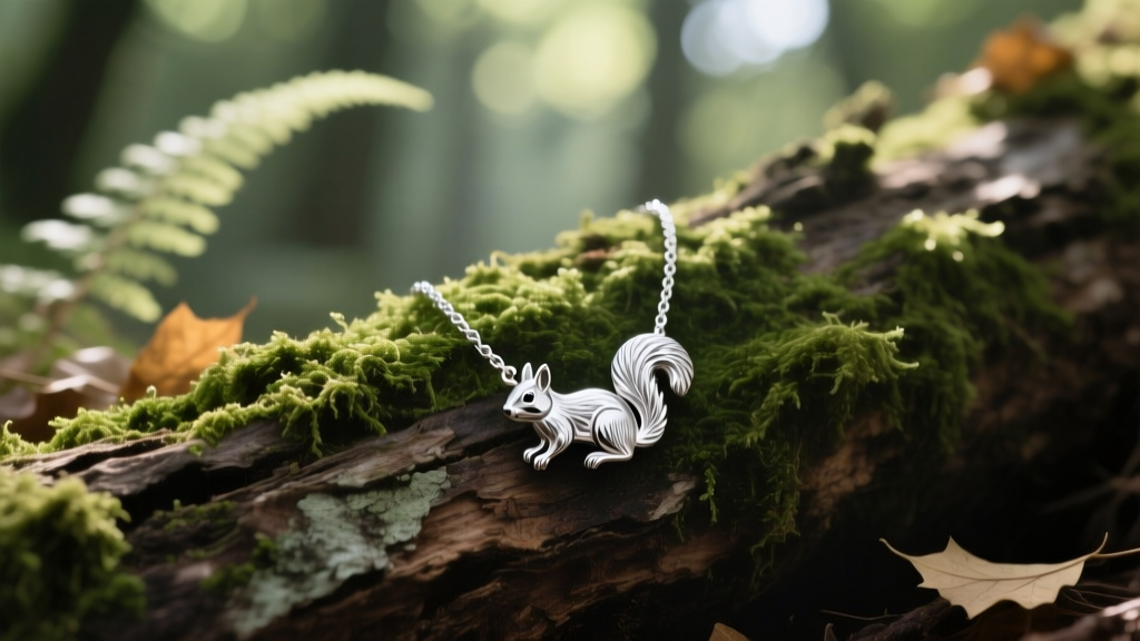 Sterling silver squirrel necklace resting on mossy bark, illuminated by soft dappled forest sunlight, macro jewelry photography