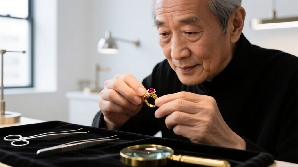 Close-up of a professional jeweler's loupe examining a vintage 14k yellow gold signet ring on a dark velvet appraisal mat