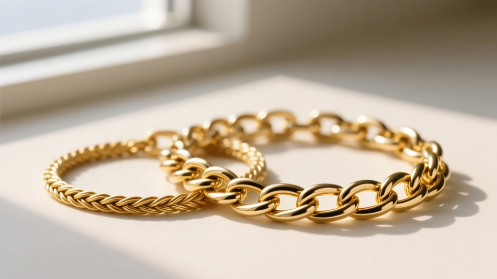 Macro photography of intertwined gold chains showing a 1.2mm cable weave resting beside a thicker 3.0mm hollow curb chain link.