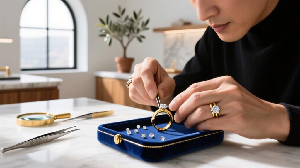 Jeweler's hands using flat-nose pliers to secure an 18-gauge gold-filled jump ring on a heavy bronze evil eye amulet chain