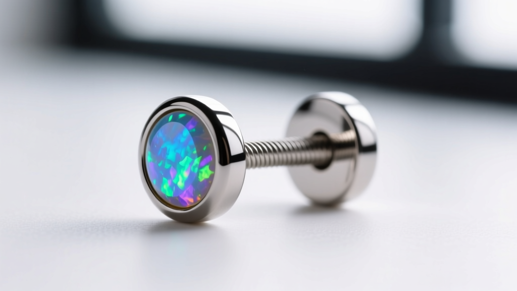Macro shot of a titanium labret stud with an opal, showing the mirror-polished finish and threadless pin mechanism in focus.