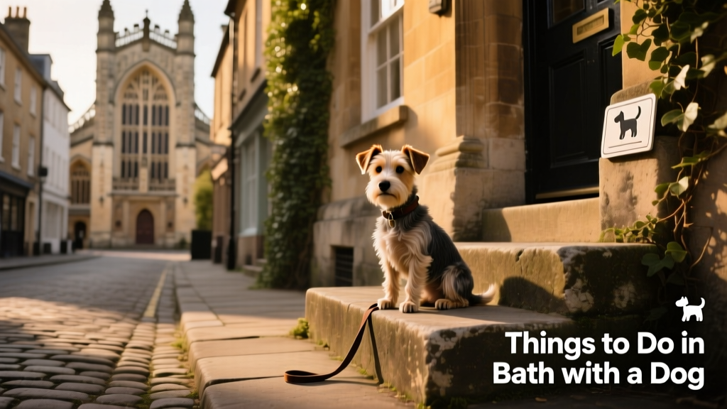 Wide-angle view of Bath Abbey and the surrounding historic streets, with a small terrier sitting calmly on a stone step