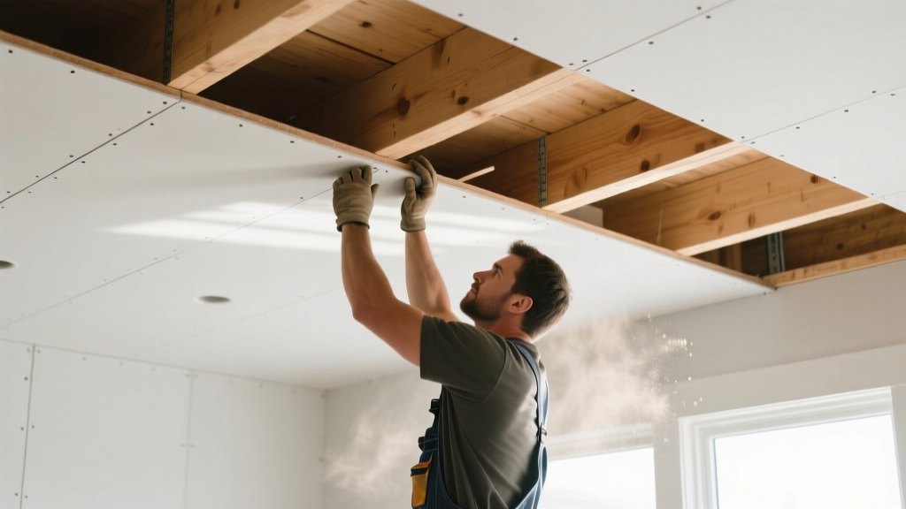 Worker installing lightweight sag resistant gypsum board panels on a residential ceiling with exposed 24-inch spaced wooden joists.