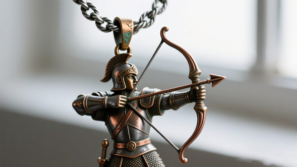 Macro shot of a 2.5mm oxidized silver rope chain threading through the bail of a detailed bronze archer soldier crest pendant