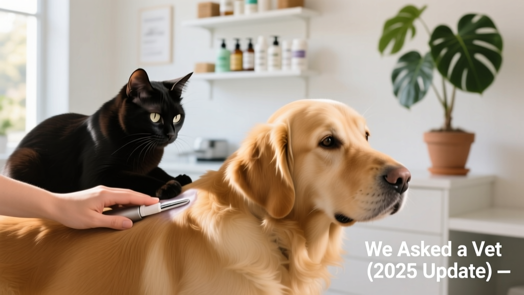 Close-up of a cat and dog receiving monthly topical treatment on their back near the shoulder blades