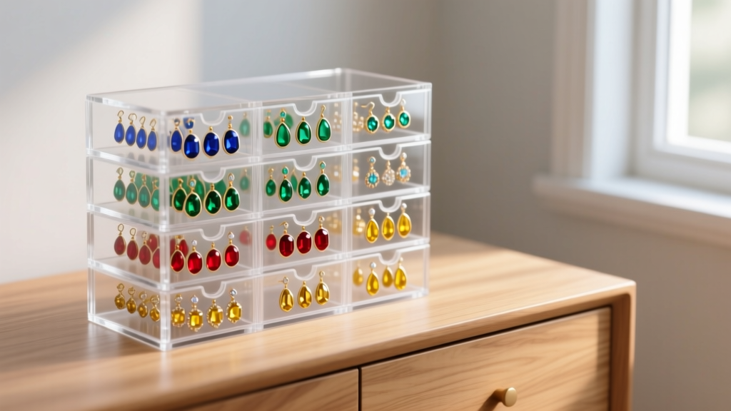 Stackable clear acrylic earrings organiser box drawers on a dresser filled with colorful enamel and gemstone dangle earrings