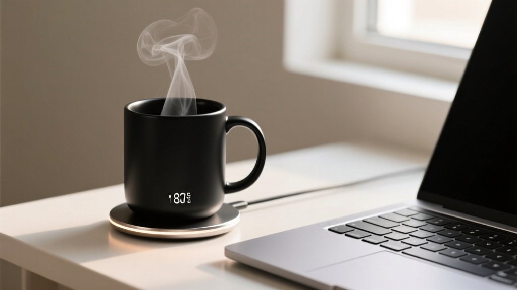 Matte black smart temperature mug resting on its magnetic charging coaster next to a laptop keyboard with steam gently rising