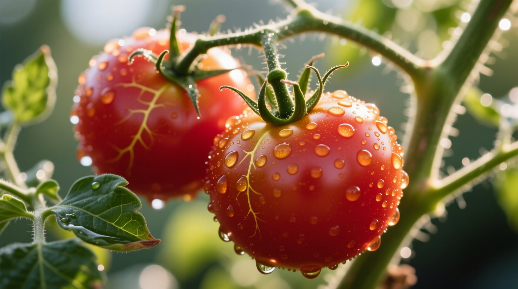 Close-up of ripe tomatoes on vine showing natural sugar content