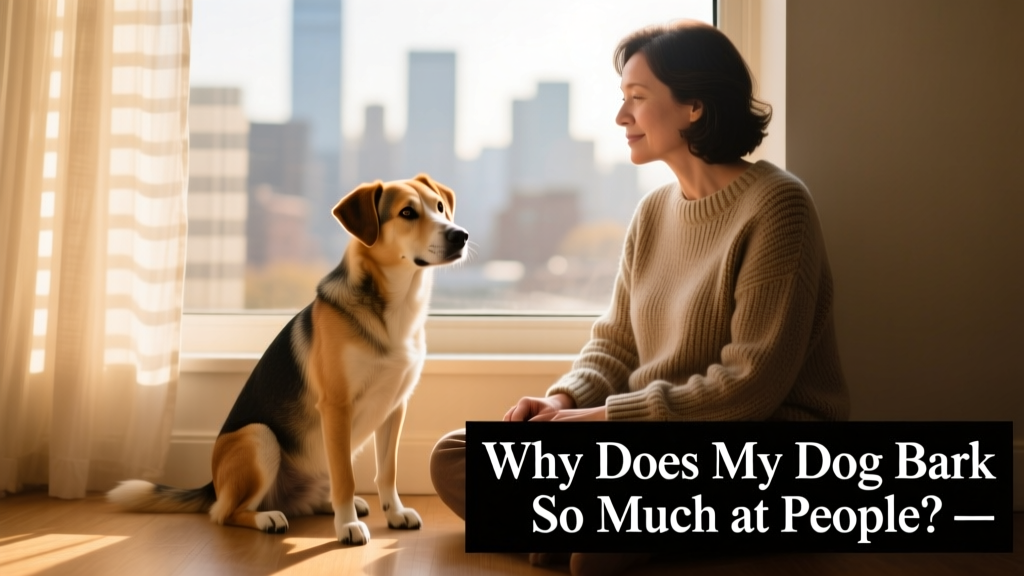 A calm dog sitting beside its owner near a window with curtains partially drawn, looking relaxed