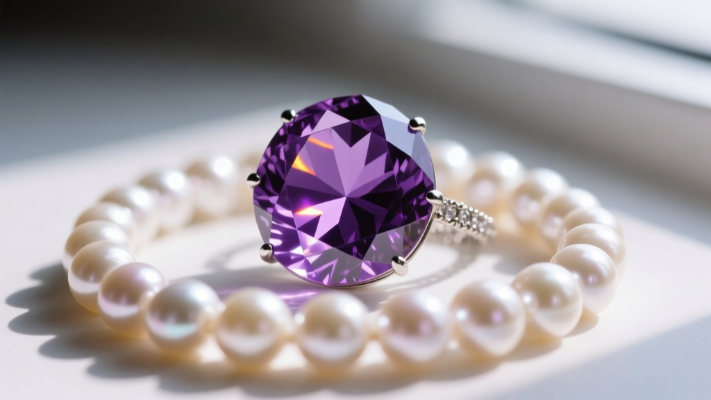 Macro shot of faceted Siberian amethyst pendant surrounded by Akoya pearls, highlighting the gem