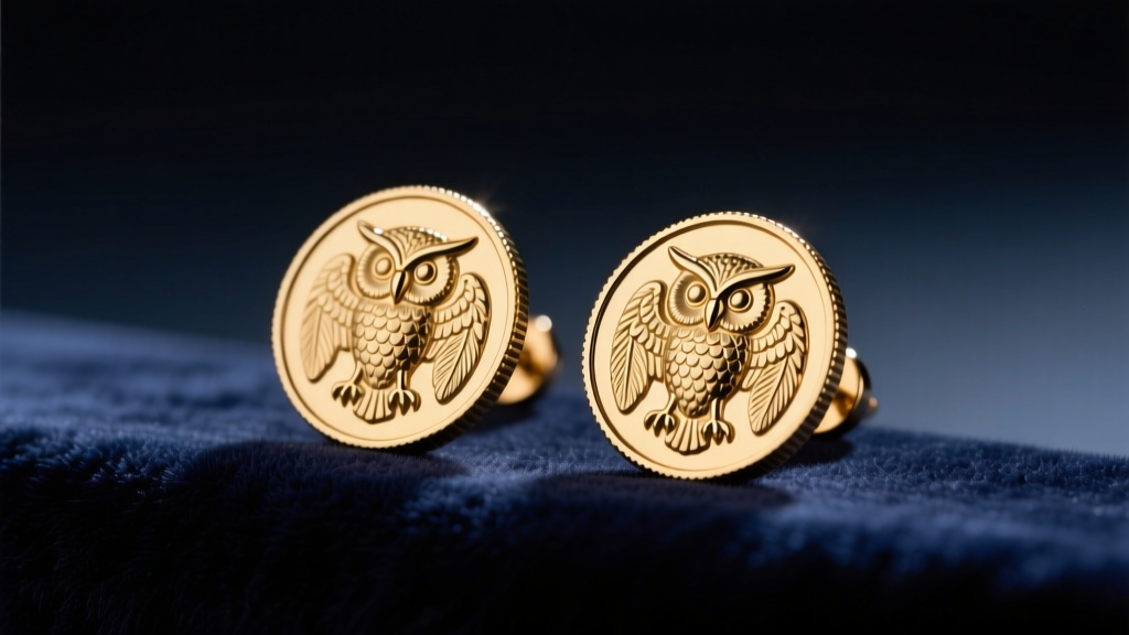 Close-up of 14k gold coin earrings with an intricate Athena owl motif resting on dark velvet in soft, warm studio lighting.