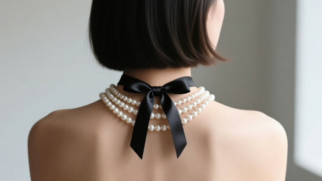 Rear view of a woman wearing a layered pearl necklace shortened at the nape of the neck using a discreet black silk ribbon tie