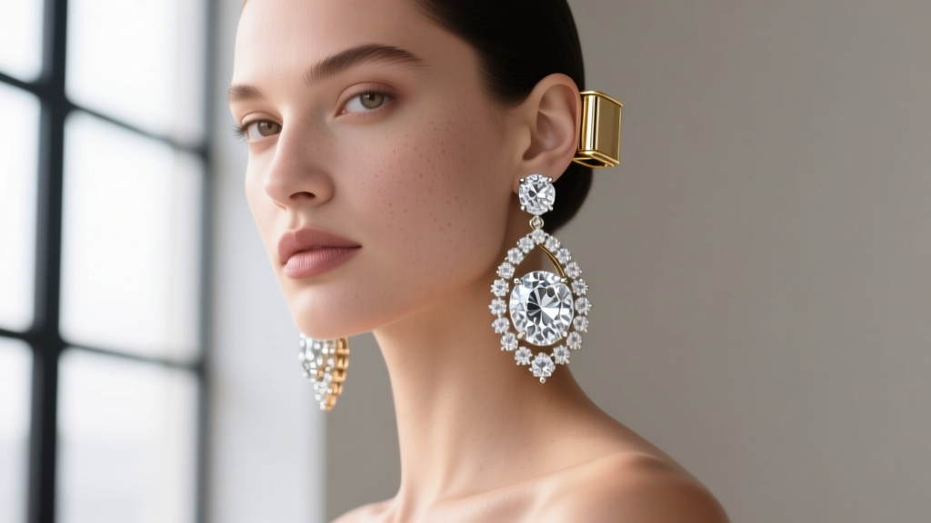 Profile of a model wearing heavy diamond drop earrings secured by oversized 14k white gold friction clutches on her ear lobes.