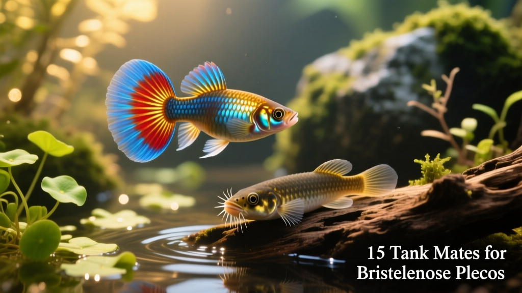 A male guppy with vivid tail fins swimming near floating plants, above a Bristlenose Pleco on submerged wood