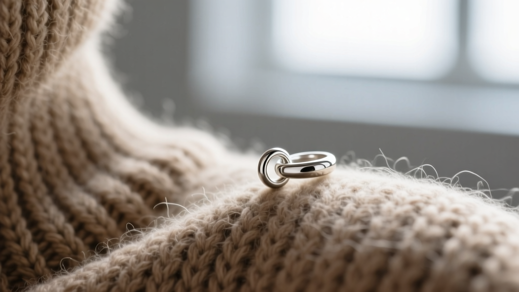 Macro photography of a 6mm sterling silver pendant bail sliding smoothly over a thick merino wool crew neck knit fabric