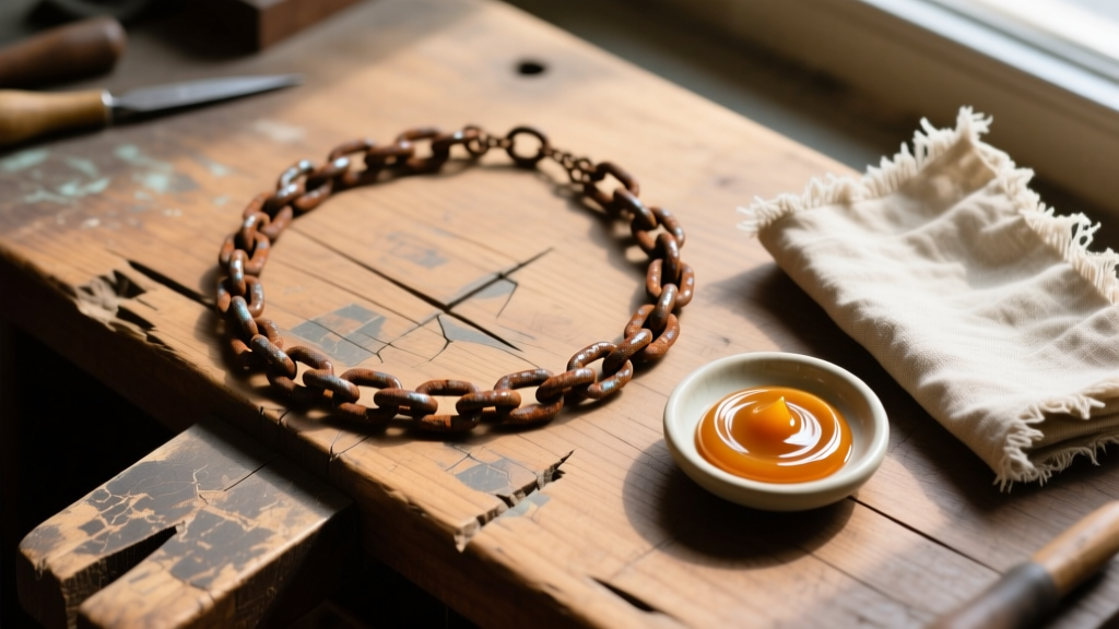 Overhead shot of an oxidized rusted chain necklace, wax polish, and cloth on a scarred wooden jeweler's workbench surface