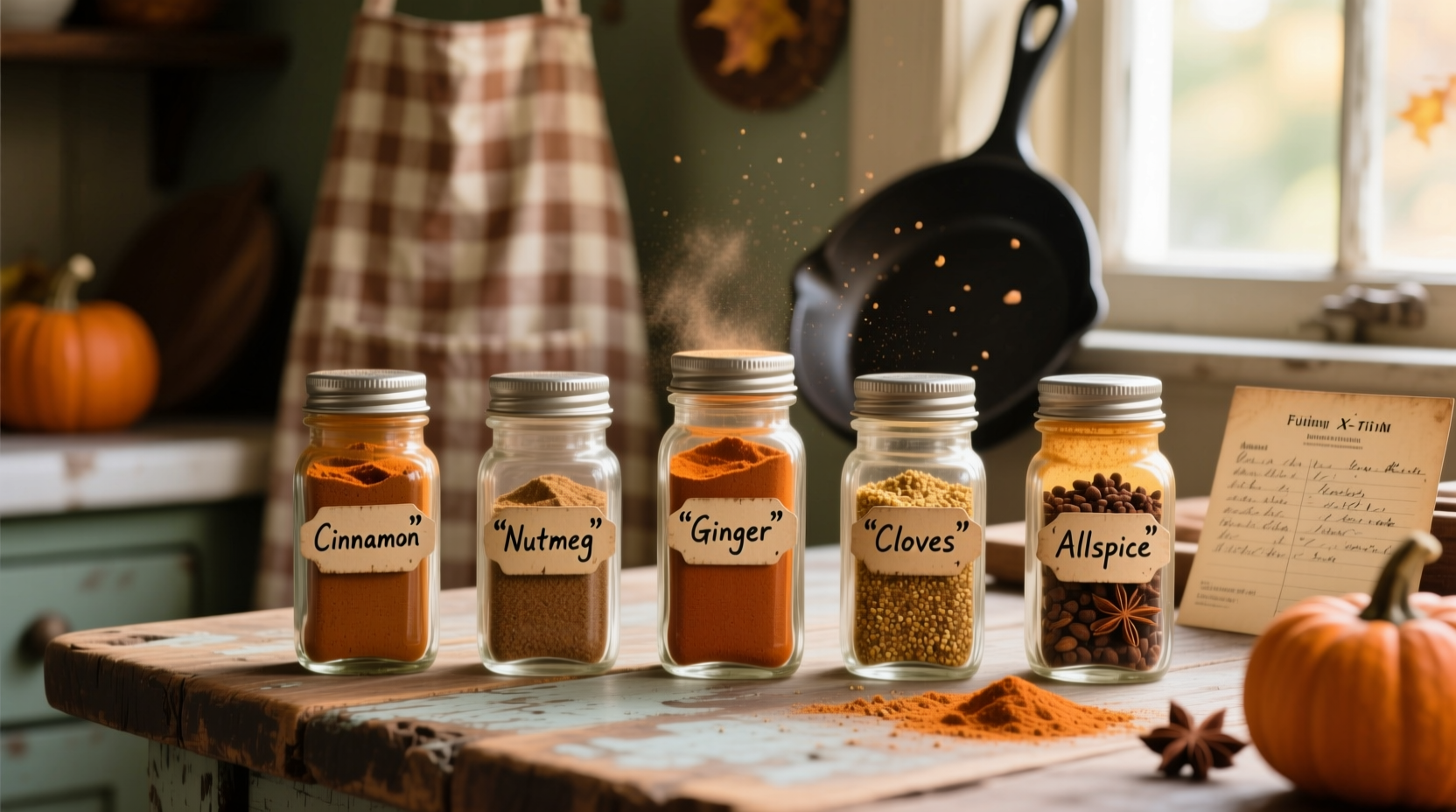 Five glass spice jars with pumpkin pie spices