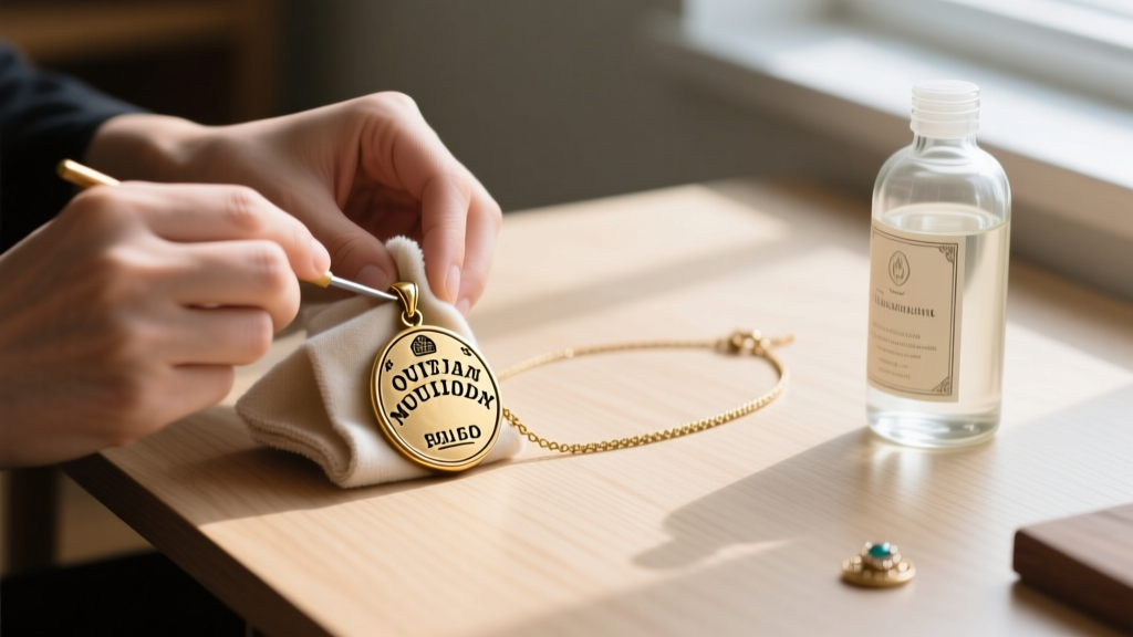 Hands polishing a brass ouija board necklace with a soft cloth on a wooden desk next to a glass bottle of liquid jewelry cleaner