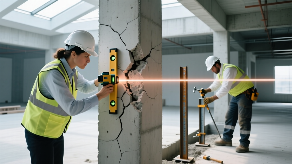 Engineer inspecting a cracked concrete stem wall with a laser level while a contractor prepares steel push piers for stabilization.