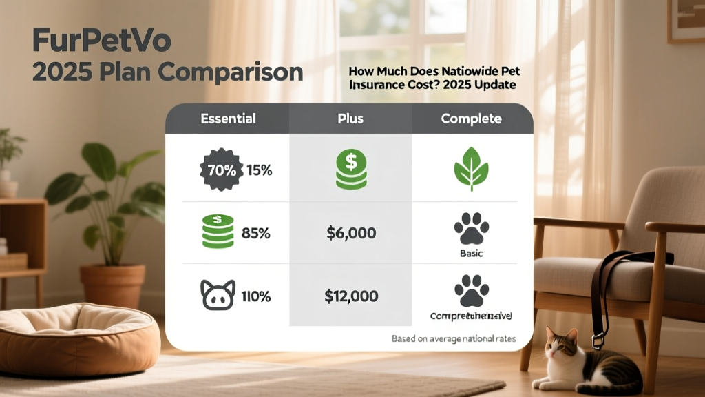 Side-by-side comparison chart showing FurPetVo plan features: Essential, Plus, and Complete—with icons for reimbursement rate, annual limit, and wellness coverage