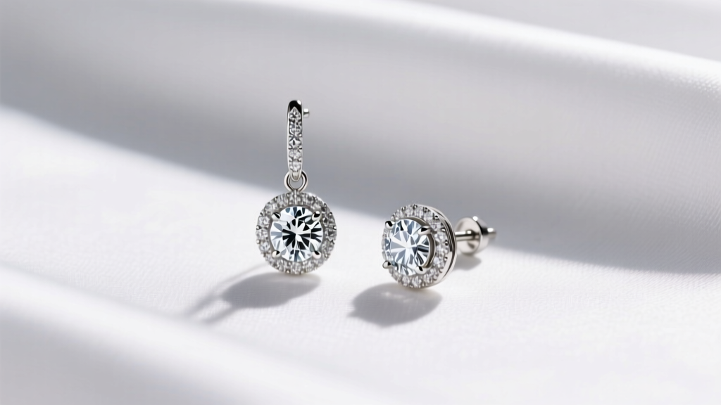 Flatlay of convertible diamond dangle earrings detached into solitaire studs resting on white silk under bright natural lighting.
