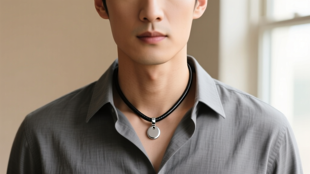 Man wearing a 2mm black mens leather necklace cord with a silver pendant, showing ideal neckline fit against a grey cotton shirt.