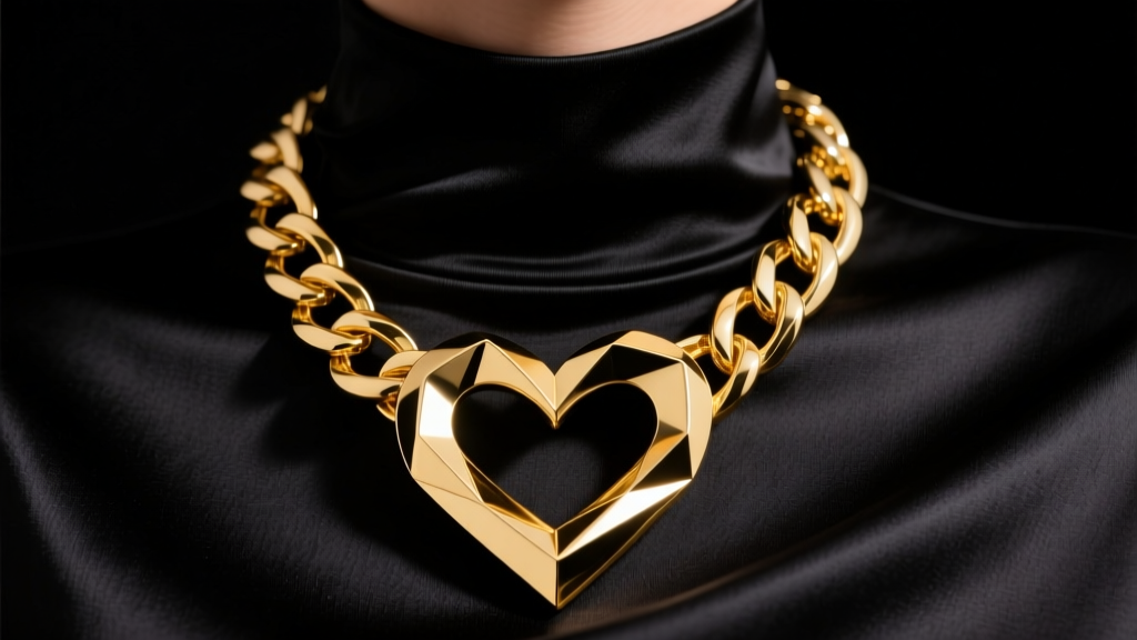 Heavy sculptural 14k yellow gold chunky heart necklace on black silk turtleneck, dramatic studio lighting, editorial close-up