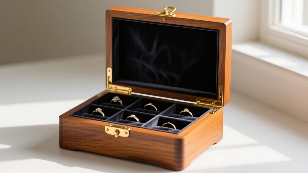 Restored oak standing wooden jewelry box with brass hinges, open to show charcoal anti-tarnish velvet lining and ring compartments