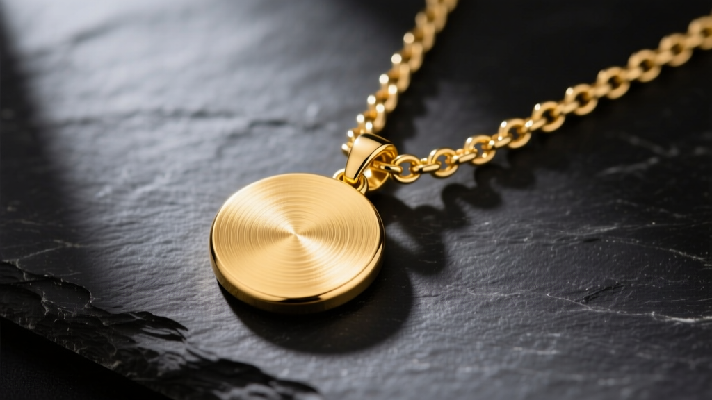 Flat-lay of a 40mm solid 14k yellow gold large circle pendant necklace on dark slate, showing brushed finish and thick rolo chain