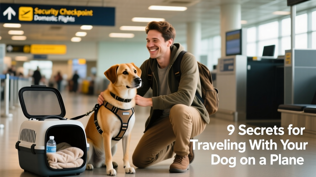 A smiling traveler kneeling beside their calm, leashed dog near an airport security checkpoint, with a compact pet carrier nearby