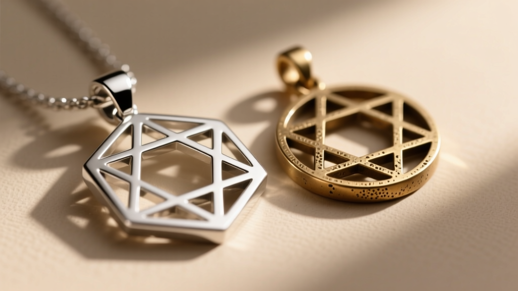 Macro view of laser-cut silver sacred geometry pendant beside cast brass showing visible surface porosity and dull edges.