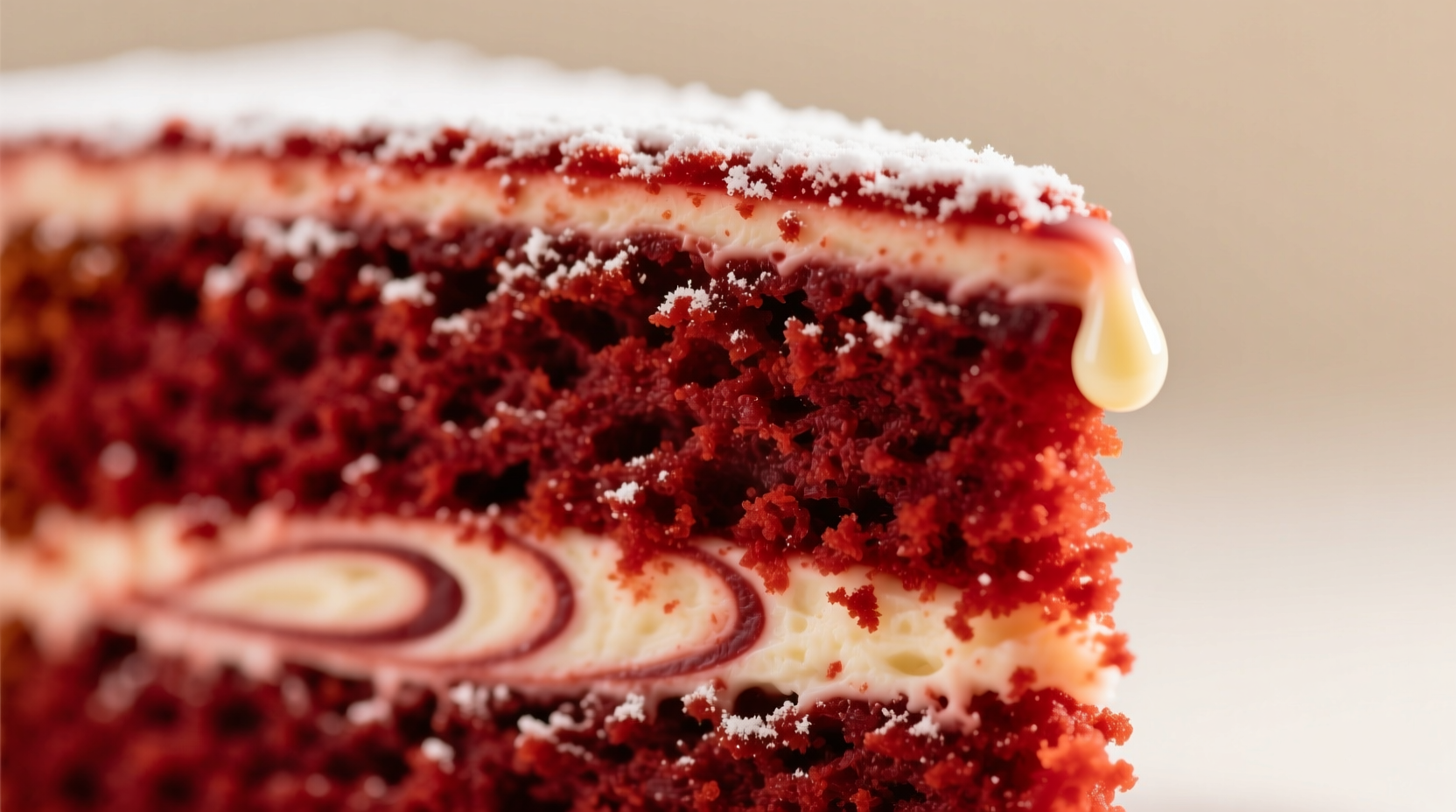 Red velvet cake slice showing texture and color