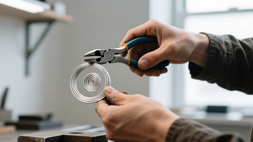 Jeweler using round-nose pliers to bend thick sterling silver wire into a tight spiral, showing the work-hardening process