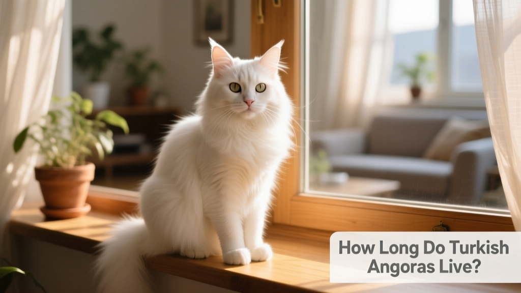 A graceful adult Turkish Angora cat sitting on a sunlit windowsill, showcasing its silky white coat and tufted ears