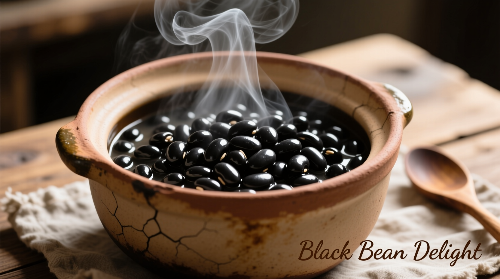 Freshly cooked black beans in a pot with steam rising
