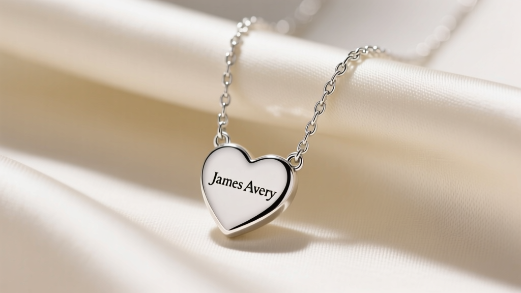 Close-up of a sterling silver James Avery petite heart necklace on cream silk, showing the delicate cable chain and hallmark stamp.