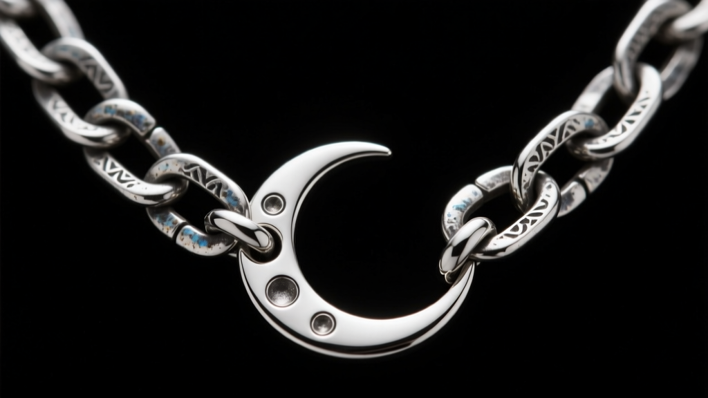 Macro view of hollow moon necklace chain showing oxidized links and soldered jump rings in dark silver under bright studio light.