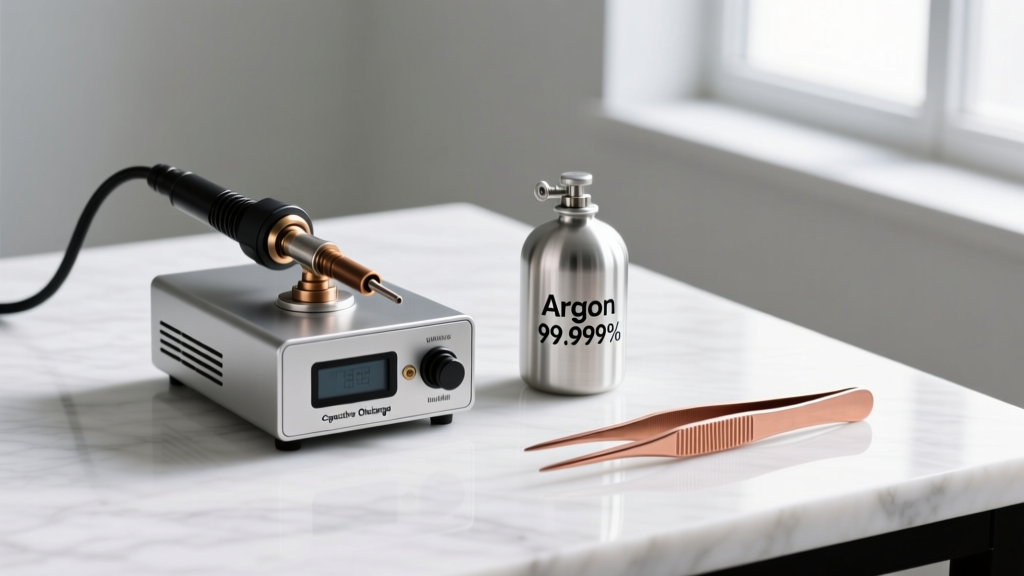 A compact capacitive discharge permanent jewelry welder unit sitting next to a small tank of pure argon gas and copper tweezers.