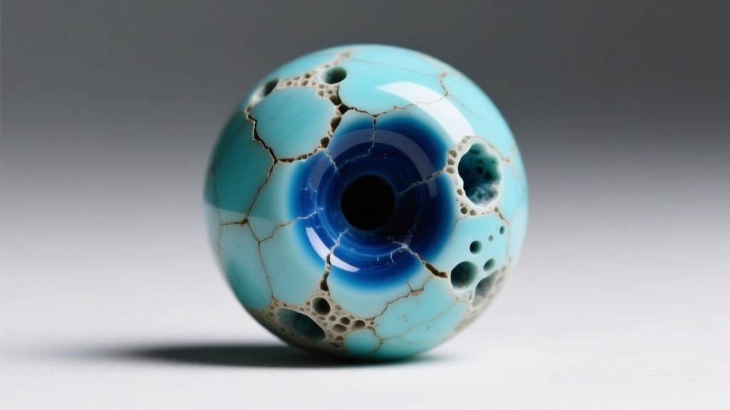 Macro photography of a porous dyed howlite bead disguised as turquoise, showing dark blue dye pooling in natural stone cracks.